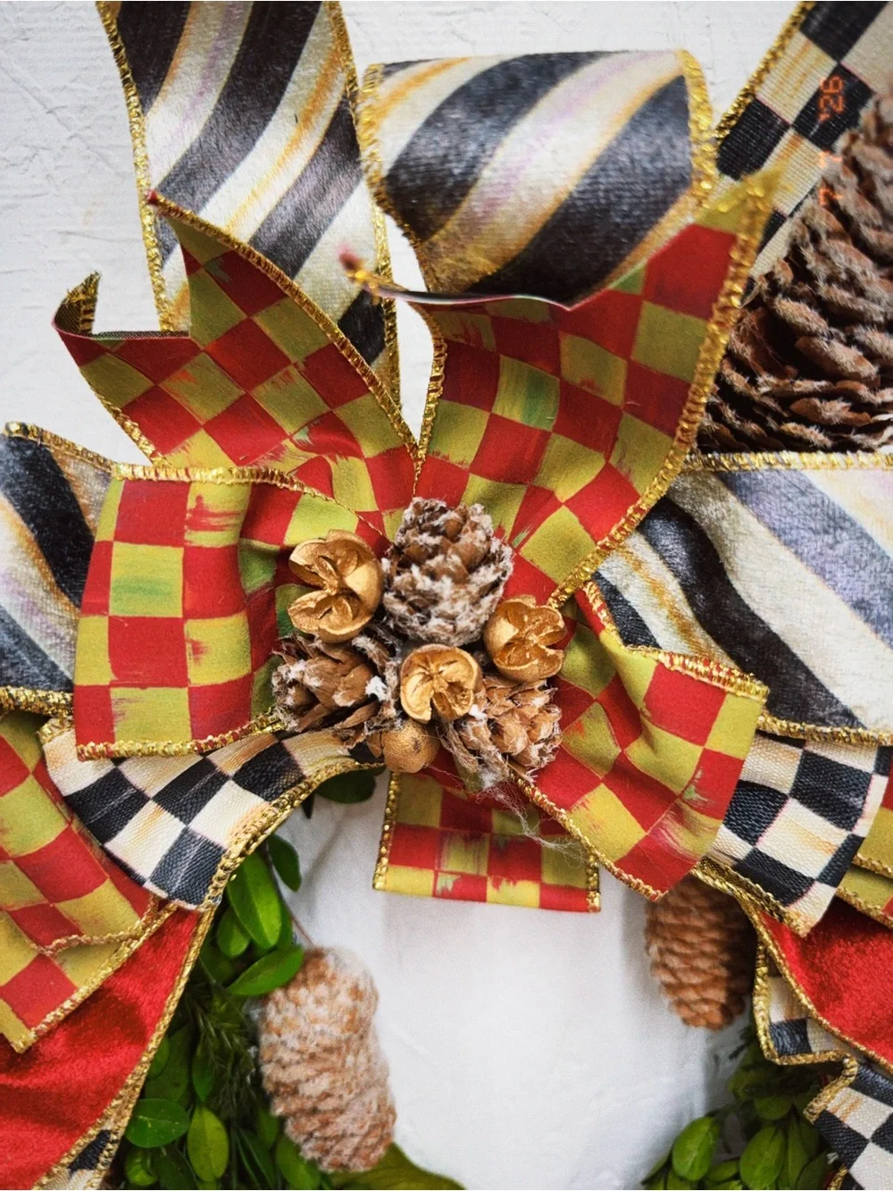 MacKenzie-Childs Green Wreath with Red, Black & Gold Ribbon